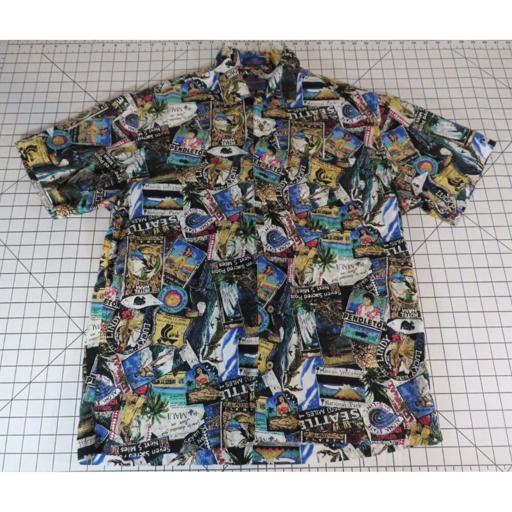 Pendleton Hawaiian Shirt Mens Button Up Size: Medium Multicolor Postcard Travel